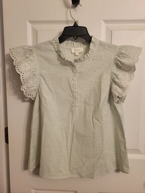 NWOT ODDI Light Green & White Striped Ruffle-Neck Top